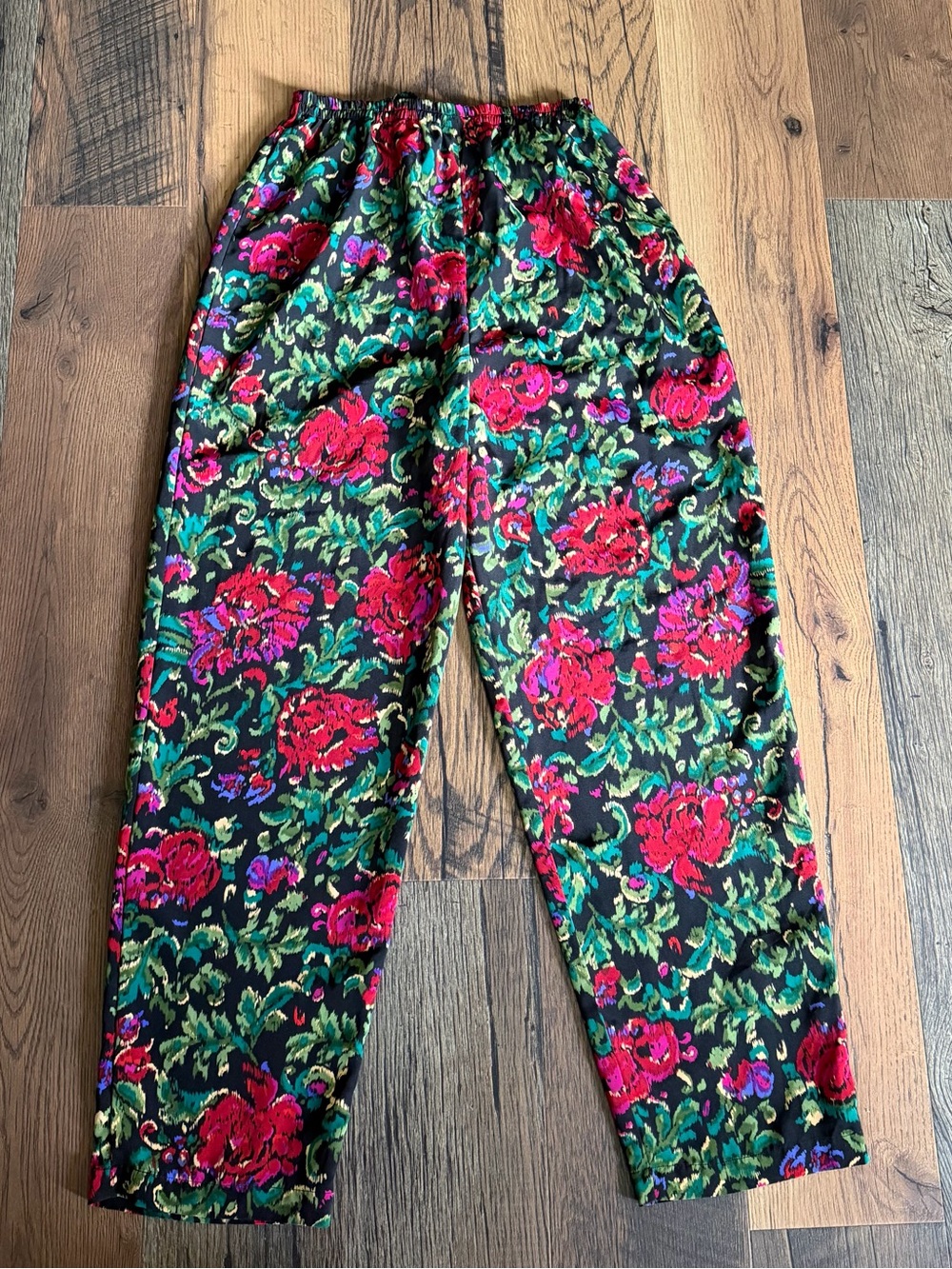 Victoria's Secret Black Straight-Leg Pants with Red Floral Print